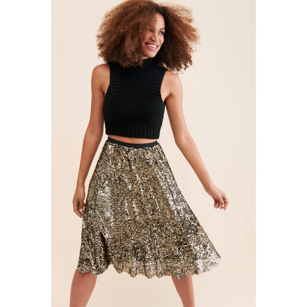 Maeve by Anthropologie Orleans Sequined Midi Skirt Carbon Size S NWT A-line